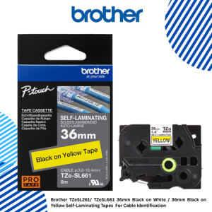 3 Brother TZeSL661 36mm Black on Yellow Self-Laminating Tapes For Cable Identification Brother TZeSL261/ TZeSL661 36mm Black on White / 36mm Black on Yellow Self-Laminating Tapes For Cable Identification