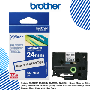 Brother TZeM931/ TZeM941/ TZeM951/ TZeM961  12mm Black on Silver (Matt)/ 18mm Black on Silver (Matt)/ 24mm Black on Silver (Matt)/ 36mm Black on Silver (Matt) Matt Silver Tapes