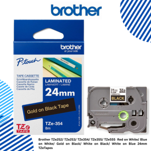 Brother TZe252/ TZe253/ TZe354/ TZe355/ TZe555  Red on White/ Blue on White/ Gold on Black/ White on Black/ White on Blue 24mm TZeTapes