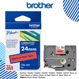 Brother TZe151/ TZe251/ TZe451/ TZe551/ TZe651/ TZe751 Black on Clear/ Black on White/ Black on Red/ Black on Blue/ Black on Yelow/ Black on Green 24mm TZeTapes