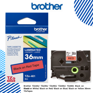 Brother TZe161/ TZe261/ TZe461/ TZe561/ TZe661 Black on Clear/ Black on White/ Black on Red/ Black on Blue/ Black on Yellow 36mm TZeTapes