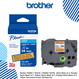 4 Brother TZeB51 24mm Black on F. Orange Fluorescent Colour TZeTapes 5m Brother TZeB31 / TZeC31 / TZeB51/ TZeC51 12mm Black on F. Orange/ 12mm Black on F. Yellow/ 24mm Black on F. Orange/ 24mm Black on F. Yellow Fluorescent Colour TZeTapes 5m