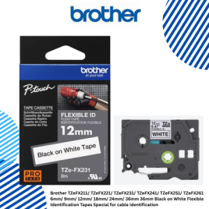 Brother TZeFX211/ TZeFX221/ TZeFX231/ TZeFX241/ TZeFX251/ TZeFX261 6mm/ 9mm/ 12mm/ 18mm/ 24mm/ 36mm Black on White Flexible Identification Tapes Special for cable identification