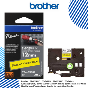 Brother TZeFX611/ TZeFX621/ TZeFX631/ TZeFX641/ TZeFX651/ TZeFX661 6mm/ 9mm/ 12mm/ 18mm/ 24mm/ 36mm Black on White Flexible Identification Tapes Special for cable identification