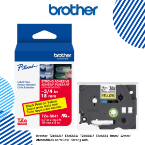 Brother TZeS621/ TZeS631/ TZeS641/ TZeS651 9mm/ 12mm/ 18mm/ 24mm Black on Yellow Strong Adh.