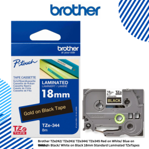 Brother TZe242/ TZe243/ TZe344/ TZe345 Red on White/ Blue on White/ Gold on Black/ White on Black 18mm Standard Laminated TZeTapes