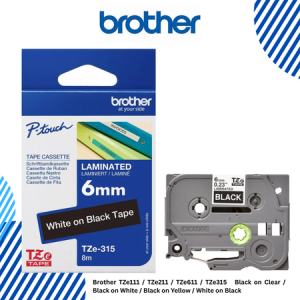 Brother TZe111 / TZe211 / TZe611 / TZe315   Black on Clear / Black on White / Black on Yellow / White on Black 6mm TZeTapes