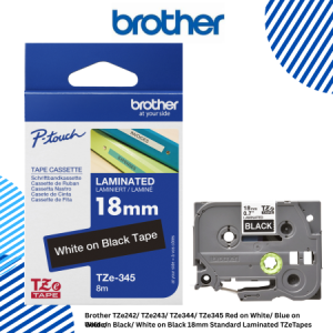 Brother TZe242/ TZe243/ TZe344/ TZe345 Red on White/ Blue on White/ Gold on Black/ White on Black 18mm Standard Laminated TZeTapes