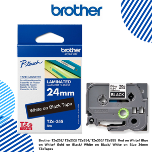 Brother TZe252/ TZe253/ TZe354/ TZe355/ TZe555  Red on White/ Blue on White/ Gold on Black/ White on Black/ White on Blue 24mm TZeTapes