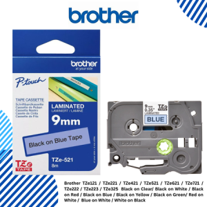 Brother TZe121 / TZe221 / TZe421 / TZe521 / TZe621 / TZe721 / TZe222 / TZe223 / TZe325  Black on Clear/ Black on White / Black on Red / Black on Blue / Black on Yellow / Black on Green/ Red on White /  Blue on White / White on Black 9mm TZeTapes