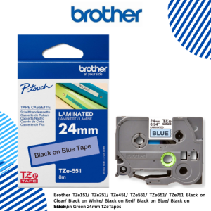 Brother TZe151/ TZe251/ TZe451/ TZe551/ TZe651/ TZe751 Black on Clear/ Black on White/ Black on Red/ Black on Blue/ Black on Yelow/ Black on Green 24mm TZeTapes