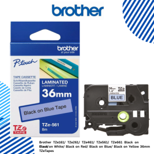 Brother TZe161/ TZe261/ TZe461/ TZe561/ TZe661 Black on Clear/ Black on White/ Black on Red/ Black on Blue/ Black on Yellow 36mm TZeTapes