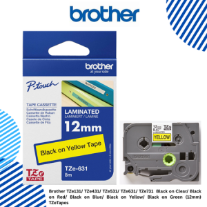 Brother TZe131/ TZe431/ TZe531/ TZe631/ TZe731  Black on Clear/ Black on Red/ Black on Blue/ Black on Yellow/ Black on Green (12mm) TZeTapes