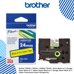 5 Brother TZeC51 24mm Black on F. Yellow Fluorescent Colour TZeTapes 5m Brother TZeB31 / TZeC31 / TZeB51/ TZeC51 12mm Black on F. Orange/ 12mm Black on F. Yellow/ 24mm Black on F. Orange/ 24mm Black on F. Yellow Fluorescent Colour TZeTapes 5m