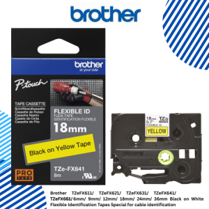 Brother TZeFX611/ TZeFX621/ TZeFX631/ TZeFX641/ TZeFX651/ TZeFX661 6mm/ 9mm/ 12mm/ 18mm/ 24mm/ 36mm Black on White Flexible Identification Tapes Special for cable identification