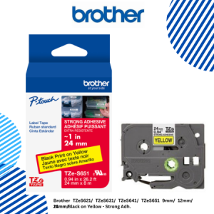 Brother TZeS621/ TZeS631/ TZeS641/ TZeS651 9mm/ 12mm/ 18mm/ 24mm Black on Yellow Strong Adh.