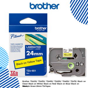 Brother TZe151/ TZe251/ TZe451/ TZe551/ TZe651/ TZe751 Black on Clear/ Black on White/ Black on Red/ Black on Blue/ Black on Yelow/ Black on Green 24mm TZeTapes