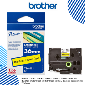 Brother TZe161/ TZe261/ TZe461/ TZe561/ TZe661 Black on Clear/ Black on White/ Black on Red/ Black on Blue/ Black on Yellow 36mm TZeTapes