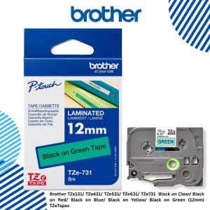 Brother TZe131/ TZe431/ TZe531/ TZe631/ TZe731  Black on Clear/ Black on Red/ Black on Blue/ Black on Yellow/ Black on Green (12mm) TZeTapes