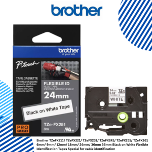 Brother TZeFX211/ TZeFX221/ TZeFX231/ TZeFX241/ TZeFX251/ TZeFX261 6mm/ 9mm/ 12mm/ 18mm/ 24mm/ 36mm Black on White Flexible Identification Tapes Special for cable identification