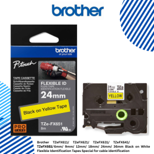 Brother TZeFX611/ TZeFX621/ TZeFX631/ TZeFX641/ TZeFX651/ TZeFX661 6mm/ 9mm/ 12mm/ 18mm/ 24mm/ 36mm Black on White Flexible Identification Tapes Special for cable identification