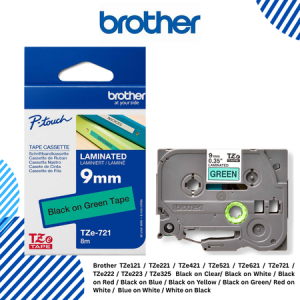 Brother TZe121 / TZe221 / TZe421 / TZe521 / TZe621 / TZe721 / TZe222 / TZe223 / TZe325  Black on Clear/ Black on White / Black on Red / Black on Blue / Black on Yellow / Black on Green/ Red on White /  Blue on White / White on Black 9mm TZeTapes