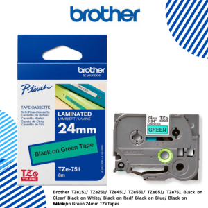 Brother TZe151/ TZe251/ TZe451/ TZe551/ TZe651/ TZe751 Black on Clear/ Black on White/ Black on Red/ Black on Blue/ Black on Yelow/ Black on Green 24mm TZeTapes