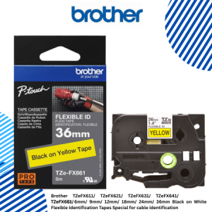 Brother TZeFX611/ TZeFX621/ TZeFX631/ TZeFX641/ TZeFX651/ TZeFX661 6mm/ 9mm/ 12mm/ 18mm/ 24mm/ 36mm Black on White Flexible Identification Tapes Special for cable identification