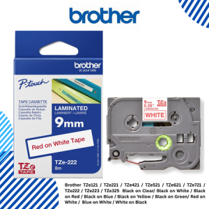 Brother TZe121 / TZe221 / TZe421 / TZe521 / TZe621 / TZe721 / TZe222 / TZe223 / TZe325  Black on Clear/ Black on White / Black on Red / Black on Blue / Black on Yellow / Black on Green/ Red on White /  Blue on White / White on Black 9mm TZeTapes