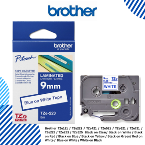 Brother TZe121 / TZe221 / TZe421 / TZe521 / TZe621 / TZe721 / TZe222 / TZe223 / TZe325  Black on Clear/ Black on White / Black on Red / Black on Blue / Black on Yellow / Black on Green/ Red on White /  Blue on White / White on Black 9mm TZeTapes
